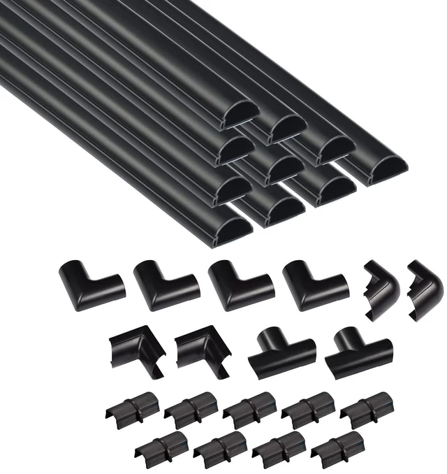 Main image of 157in Cord Cover Kit, Self-Adhesive Wire Hiders, Cable Raceway to Hide Wires on Wall, Electrical Cable Management - 10x 15.7 Lengths & 19 Accessories - 1.18" (W) x 0.59" (H) - Black