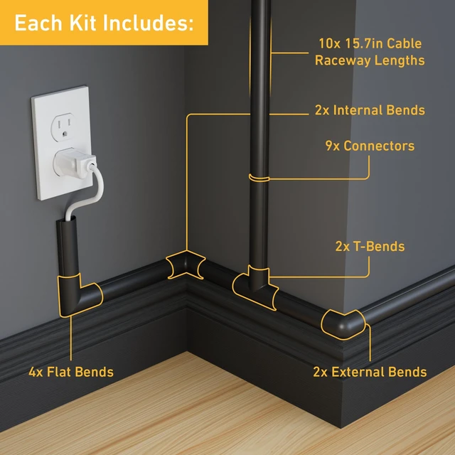Alt view image 2 of 7 - 157in Cord Cover Kit, Self-Adhesive Wire Hiders, Cable Raceway to Hide Wires on Wall, Electrical Cable Management - 10x 15.7 Lengths & 19 Accessories - 1.18" (W) x 0.59" (H) - Black
