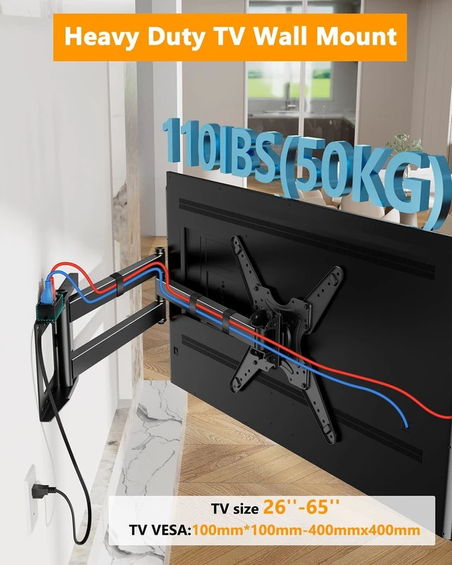 Alt view image 5 of 7 - 48" Long Arm Rotating TV Wall Mount w/Power Strip 26-65TV by Portrait Vertical 180° Rotating Heavy Duty TV Wall Mount w/ Power Outlet, VESA 400x400mm, Holds 110 lbs, 16'' Wood Stud Walls