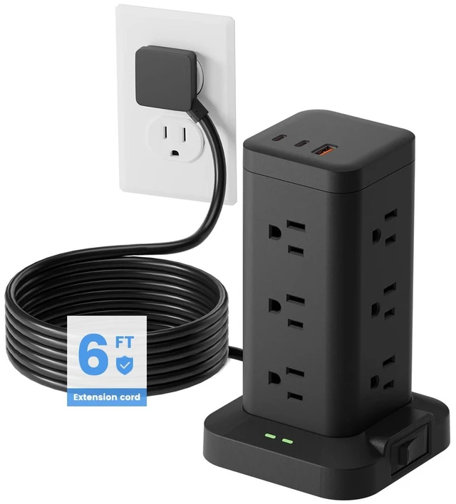 Main image of 6ft Long Extension Cord, Flat Plug Surge Protector Power Strip with USB-C Charging Station with 12 Outlets & 3 USB (1 PD20W USB C) Outlet Extender for Home Office College Dorm Room Essentials