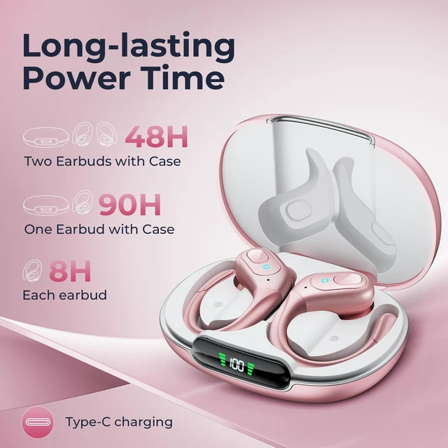 Alt view image 3 of 7 - Active Noise Cancelling Earbuds Wireless Rose Gold Ear Buds 90Hrs Playback Stereo Bass Earphones with Mic Over-Ear Hooks IPX7 Waterproof Headset for Sports Running