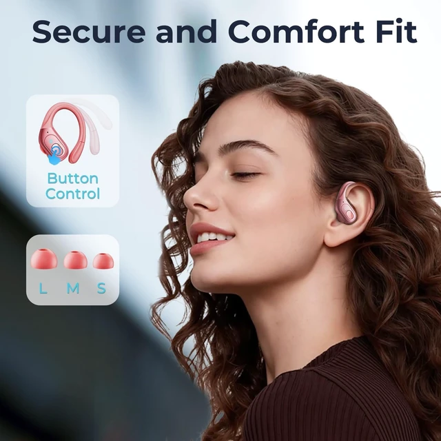Alt view image 5 of 7 - Active Noise Cancelling Earbuds Wireless Rose Gold Ear Buds 90Hrs Playback Stereo Bass Earphones with Mic Over-Ear Hooks IPX7 Waterproof Headset for Sports Running