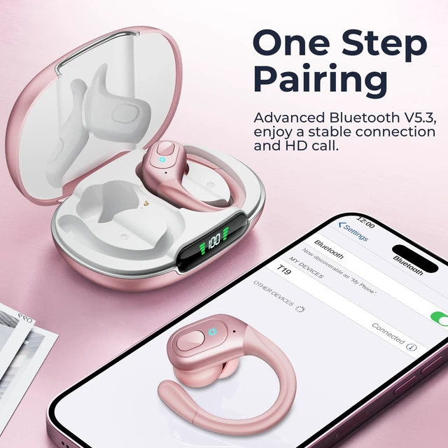 Alt view image 6 of 7 - Active Noise Cancelling Earbuds Wireless Rose Gold Ear Buds 90Hrs Playback Stereo Bass Earphones with Mic Over-Ear Hooks IPX7 Waterproof Headset for Sports Running