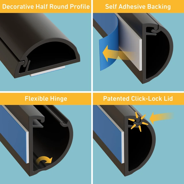 Alt view image 3 of 7 - 157in Cord Hider Kit, Patented Cable Cover, Hide Wires on Wall, Channel for TV Mount Cords, Raceway Wire Hiders, Paintable, Adhesive, Half Round, 10x 0.78in W x 0.39in H x 15.7in L, Black