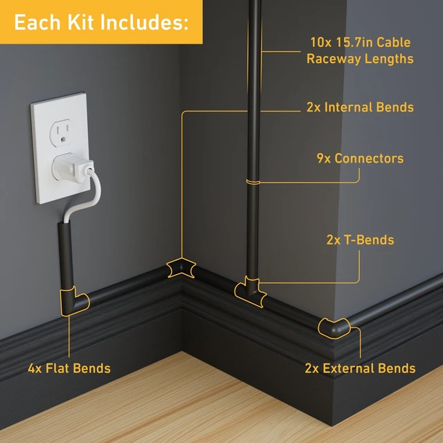 Alt view image 2 of 7 - 157in Cord Hider Kit, Patented Cable Cover, Hide Wires on Wall, Channel for TV Mount Cords, Raceway Wire Hiders, Paintable, Adhesive, Half Round, 10x 0.78in W x 0.39in H x 15.7in L, Black