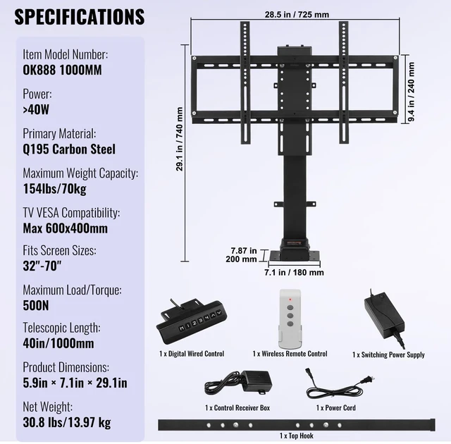 Alt view image 7 of 7 - Motorized TV Lift Stroke Length 35 Inches Motorized TV Mount Fit for 37-65 Inch TV Lift with Remote Control Height Adjustable 28.7-64.2 Inch,Load Capacity 130 Lbs