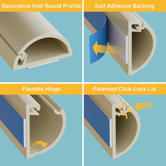 Alt view image 3 of 7 - 157in Cord Hider Kit, Patented Cable Cover, Hide Wires on Wall, Channel for TV Mount Cords, Raceway Wire Hiders, Paintable, Adhesive, Half Round, 10x 0.78in W x 0.39in H x 15.7in L, Beige