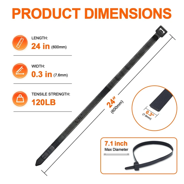 Alt view image 2 of 7 - 24 Inch Black Zip Ties Heavy Duty, 120 LBS Test Large Cable Ties, 100 Pack Adjustable Self-Locking,0.3" Extra Width, UV-Resistant, UL Listed, Durable Nylon Wire Tie, Indoor Outdoor Use,Patented Design
