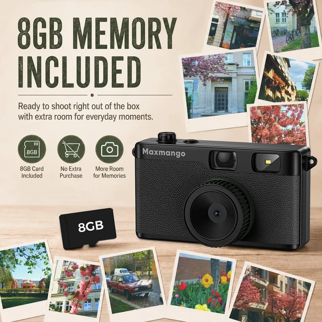 Alt view image 3 of 7 - D53 Vintage Digital Camera - Retro Digital Camera 12MP Screenless Vintage Camera Disposable Camera Replacement Includes 8GB SD Card - Black