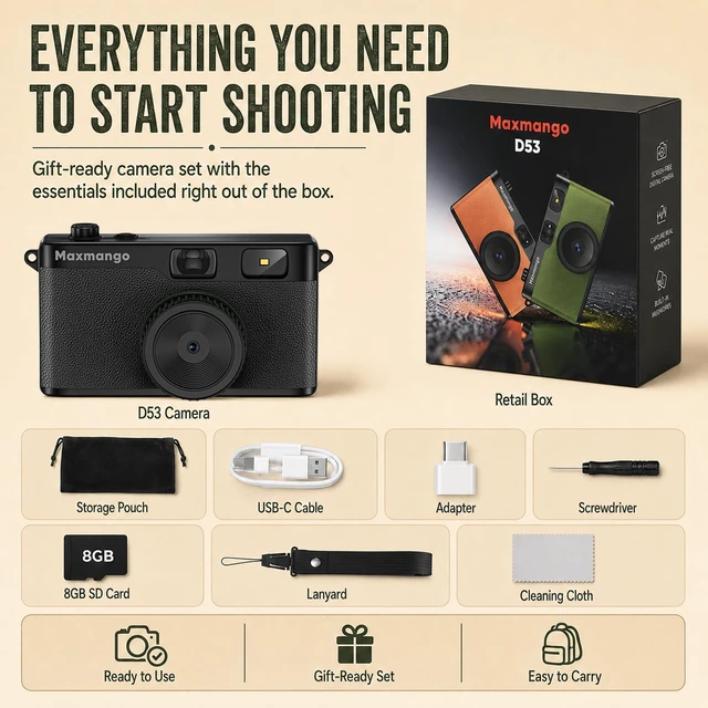 Alt view image 5 of 7 - D53 Vintage Digital Camera - Retro Digital Camera 12MP Screenless Vintage Camera Disposable Camera Replacement Includes 8GB SD Card - Black