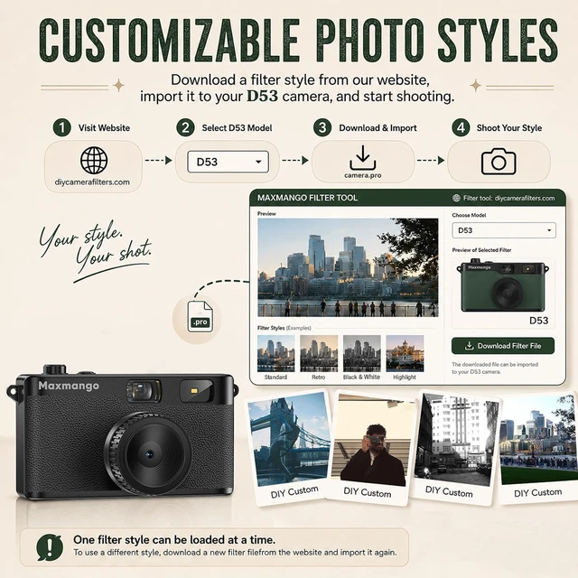 Alt view image 4 of 7 - D53 Vintage Digital Camera - Retro Digital Camera 12MP Screenless Vintage Camera Disposable Camera Replacement Includes 8GB SD Card - Black