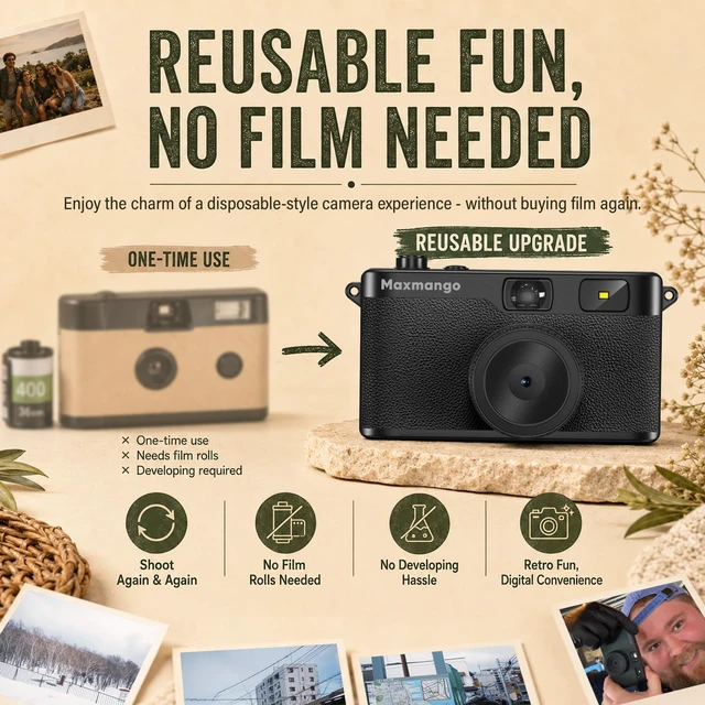 Alt view image 6 of 7 - D53 Vintage Digital Camera - Retro Digital Camera 12MP Screenless Vintage Camera Disposable Camera Replacement Includes 8GB SD Card - Black
