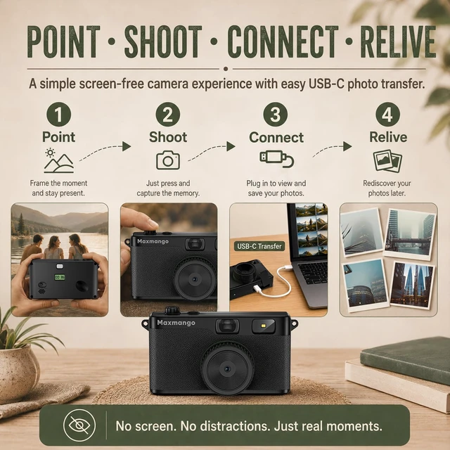 Alt view image 7 of 7 - D53 Vintage Digital Camera - Retro Digital Camera 12MP Screenless Vintage Camera Disposable Camera Replacement Includes 8GB SD Card - Black