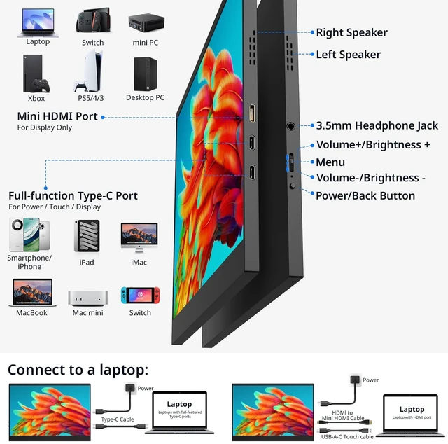 Alt view image 3 of 7 - 4k Portable Monitor Touchscreen, 13.4" 3840x2160 Second Screen 100% sRGB,400cd HDR USB C Ultra Slim IPS Laptop Monitor, for Mac Switch