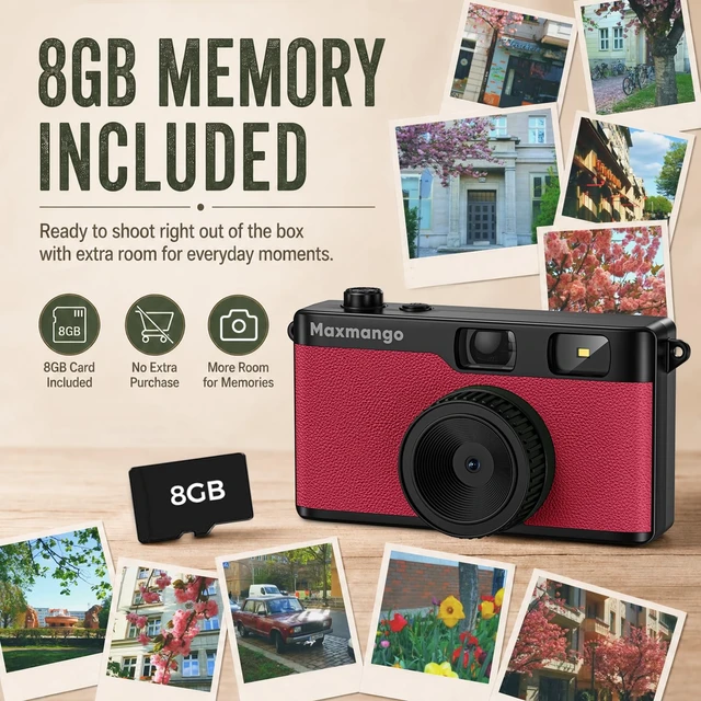 Alt view image 4 of 7 - D53 Vintage Digital Camera - Retro Digital Camera 12MP Screenless Vintage Camera Disposable Camera Replacement Includes 8GB SD Card Pink