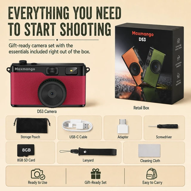 Alt view image 7 of 7 - D53 Vintage Digital Camera - Retro Digital Camera 12MP Screenless Vintage Camera Disposable Camera Replacement Includes 8GB SD Card Pink