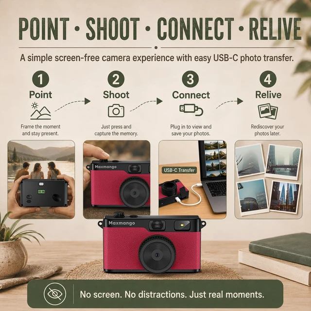 Alt view image 3 of 7 - D53 Vintage Digital Camera - Retro Digital Camera 12MP Screenless Vintage Camera Disposable Camera Replacement Includes 8GB SD Card Pink