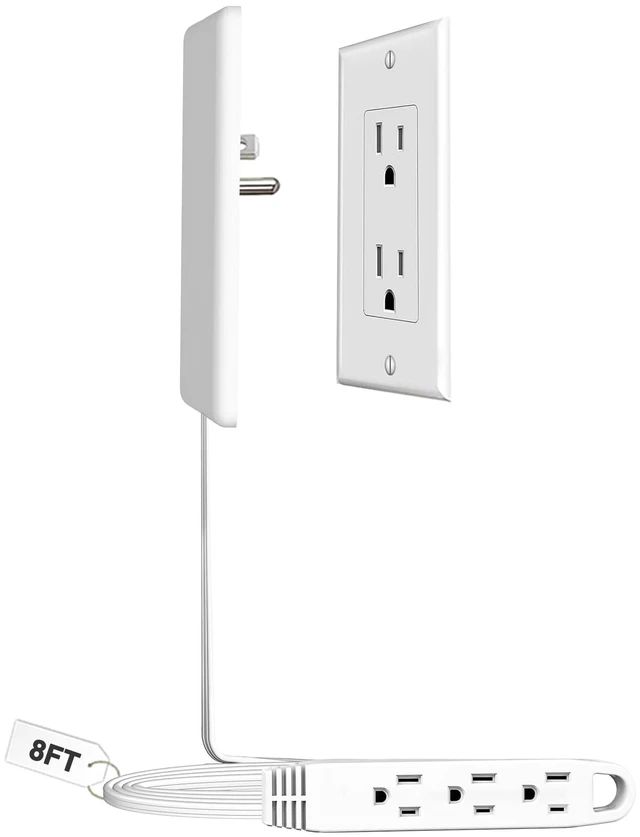 Main image of 8FT Flat Plug Extension Cord Power Strip 3 Outlets White Downward Cord Downward, Patented Detachable Ultra-Thin Outlet Cover Concealer, Ultra-Flat Plug, Max. 13A 125V 1625W, ETL Listed