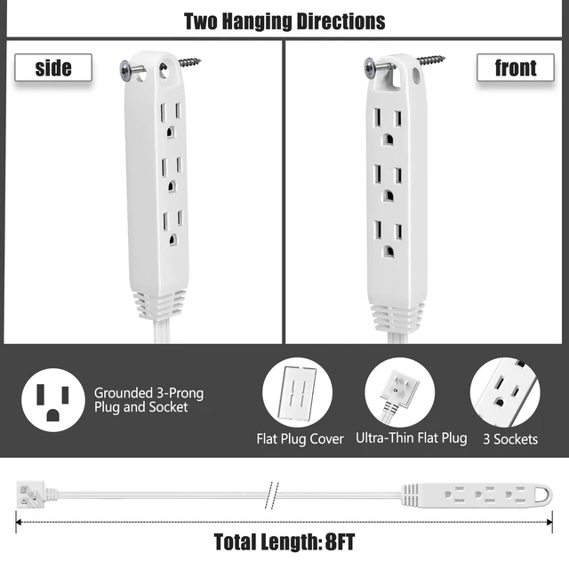 Alt view image 2 of 7 - 8FT Flat Plug Extension Cord Power Strip 3 Outlets White Downward Cord Downward, Patented Detachable Ultra-Thin Outlet Cover Concealer, Ultra-Flat Plug, Max. 13A 125V 1625W, ETL Listed