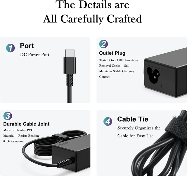 Alt view image 2 of 7 - 65W USB C Laptop Charger Compatible with Lenovo ThinkPad X1 X13 T14 T14s T15 E14 E15 T480s T490 Yoga 7i 9i C940 Thinkbook 13s 14 15 16 Chromebook c330 s330 Computer Charger Type C AC Power Adapter
