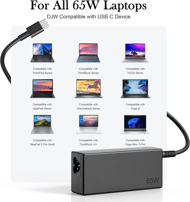 Alt view image 5 of 7 - 65W USB C Laptop Charger Compatible with Lenovo ThinkPad X1 X13 T14 T14s T15 E14 E15 T480s T490 Yoga 7i 9i C940 Thinkbook 13s 14 15 16 Chromebook c330 s330 Computer Charger Type C AC Power Adapter