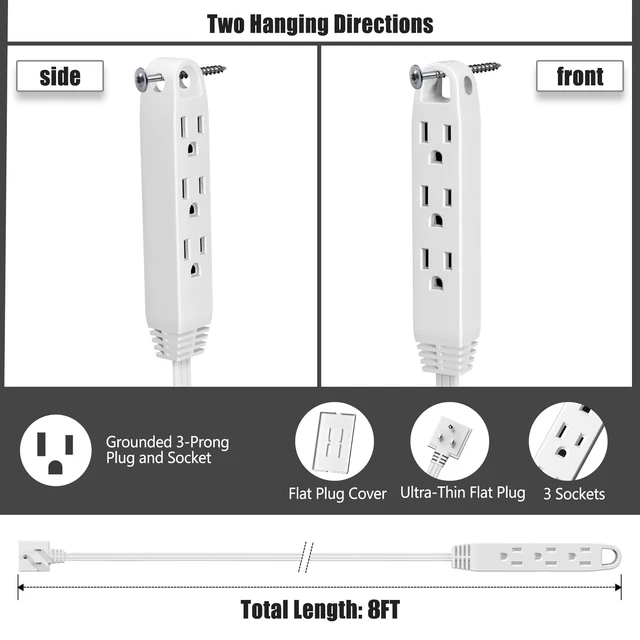 Alt view image 2 of 7 - 8FT Flat Plug Extension Cord Power Strip 3 Outlets White Upward Cord Upward, Detachable Ultra-Thin Outlet Cover Concealer, Ultra-Flat Plug, Max. 13A 125V 1625W, ETL Listed