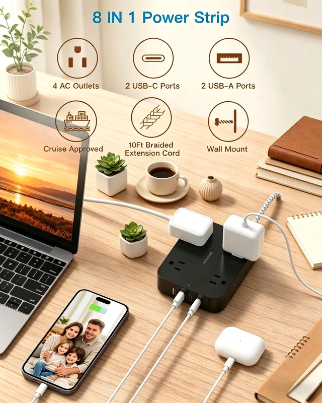 Alt view image 2 of 7 - 10 Ft Braided Extension Cord, Ultra-Thin Flat Plug, 4 Widely Spaced Outlets 4 USB Ports (2 USB C), Non-Surge Protector Power Strip for Cruise Ship, Travel Essentials, Home Office, Black