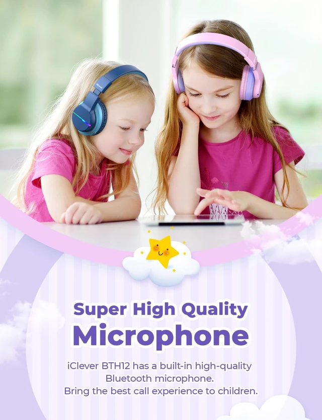 Alt view image 7 of 7 - BTH12 Kids Bluetooth Headphones 85H Playtime with LED Lights Travel SafeSound Tech, Stereo Sound, USB C Charging AUX Cable Over Ear Built-in Mic, Kids Wireless Headphones for Toddler Boys Girls