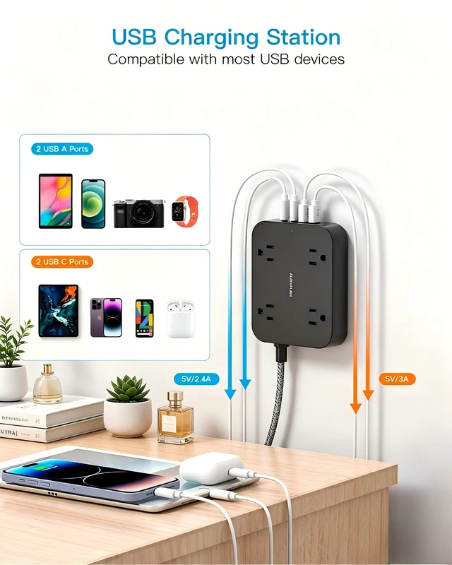 Alt view image 5 of 7 - 5 Ft Braided Extension Cord, Ultra-Thin Flat Plug, 4 Widely Spaced Outlets 4 USB Ports (2 USB C), Non-Surge Protector Power Strip for Cruise Ship, Travel Essentials, Home Office, Black