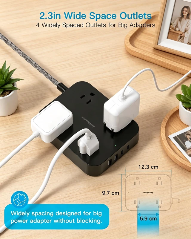 Alt view image 6 of 7 - 5 Ft Braided Extension Cord, Ultra-Thin Flat Plug, 4 Widely Spaced Outlets 4 USB Ports (2 USB C), Non-Surge Protector Power Strip for Cruise Ship, Travel Essentials, Home Office, Black
