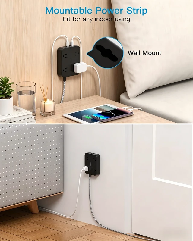 Alt view image 3 of 7 - 5 Ft Braided Extension Cord, Ultra-Thin Flat Plug, 4 Widely Spaced Outlets 4 USB Ports (2 USB C), Non-Surge Protector Power Strip for Cruise Ship, Travel Essentials, Home Office, Black