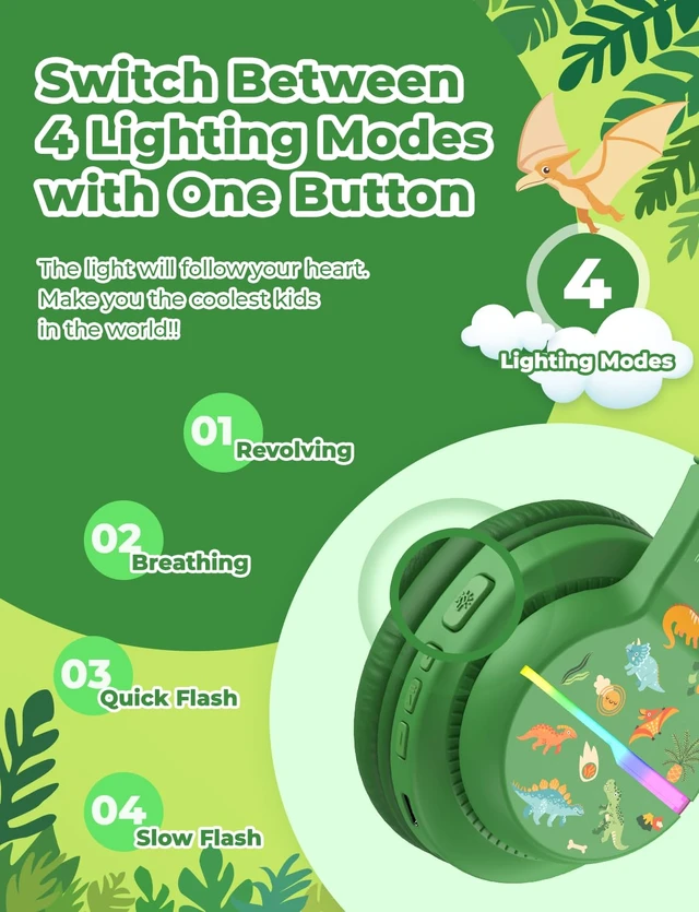 Alt view image 2 of 7 - BTH12 Kids Bluetooth Headphones 85H Playtime with LED Lights Travel SafeSound Tech, Stereo Sound, USB C Charging AUX Cable Over Ear Built-in Mic, Kids Wireless Headphones for Toddler Boys Girls