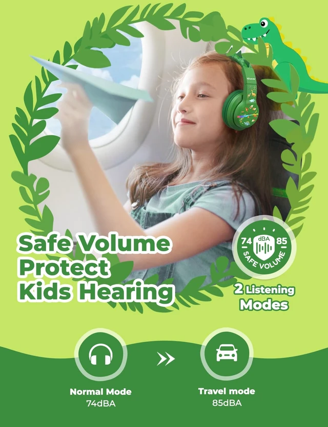 Alt view image 3 of 7 - BTH12 Kids Bluetooth Headphones 85H Playtime with LED Lights Travel SafeSound Tech, Stereo Sound, USB C Charging AUX Cable Over Ear Built-in Mic, Kids Wireless Headphones for Toddler Boys Girls