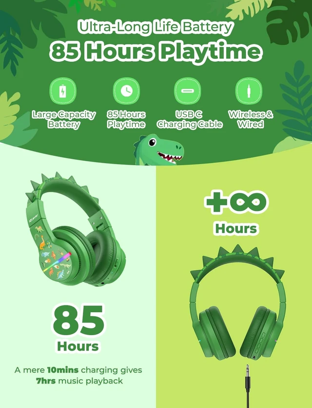 Alt view image 4 of 7 - BTH12 Kids Bluetooth Headphones 85H Playtime with LED Lights Travel SafeSound Tech, Stereo Sound, USB C Charging AUX Cable Over Ear Built-in Mic, Kids Wireless Headphones for Toddler Boys Girls