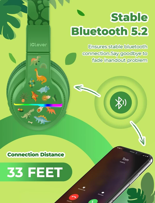 Alt view image 5 of 7 - BTH12 Kids Bluetooth Headphones 85H Playtime with LED Lights Travel SafeSound Tech, Stereo Sound, USB C Charging AUX Cable Over Ear Built-in Mic, Kids Wireless Headphones for Toddler Boys Girls
