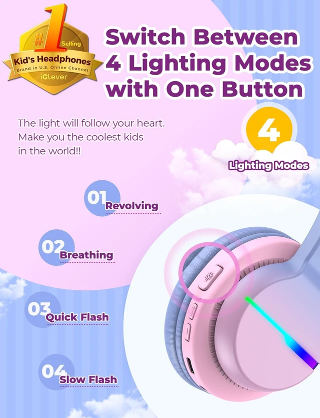Alt view image 2 of 7 - BTH12 Kids Bluetooth Headphones 85H Playtime with LED Lights Travel SafeSound Tech, Stereo Sound, USB C Charging AUX Cable Over Ear Built-in Mic, Kids Wireless Headphones for Toddler Boys Girls