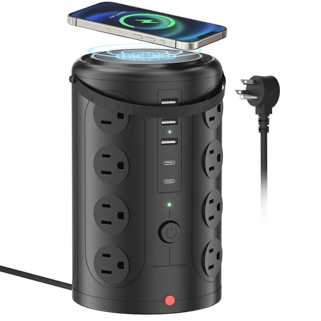 Alt view image 7 of 7 - 6FT Power Strip Tower Surge Protector with 15W Wireless Charger 16 WideSpaced Outlets & 5 USB (2 USB C) Port, 45°Flat Plug, Desk Charging Station for Home Office and Dorm Room, Black