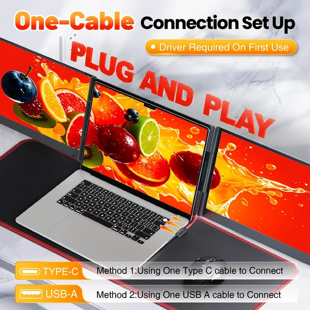 Alt view image 2 of 7 - Laptop Screen Extender Triple Monitor, 15.6" FHD 1080P USB-C One Cable Plug n Play Portable Monitor for Laptops 13-17", 0.16" Ultra-Slim Travel Monitor for Mac/Win/Android (Driver Required)