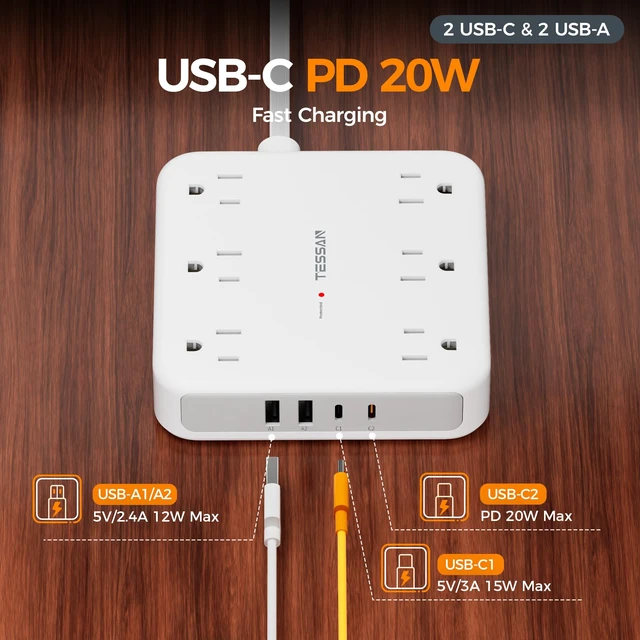 Alt view image 3 of 7 - Surge Protector Power Strip, 5Ft Flat Plug Extension Cord, Grey 6 Outlets and 4 USB Ports (2 USB C), 1875W 15A, 20W Fast Charging, 2100J Surge Protection for Home, Office, Dorm Essentials