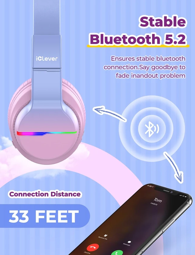 Alt view image 5 of 7 - BTH12 Kids Bluetooth Headphones 85H Playtime with LED Lights Travel SafeSound Tech, Stereo Sound, USB C Charging AUX Cable Over Ear Built-in Mic, Kids Wireless Headphones for Toddler Boys Girls