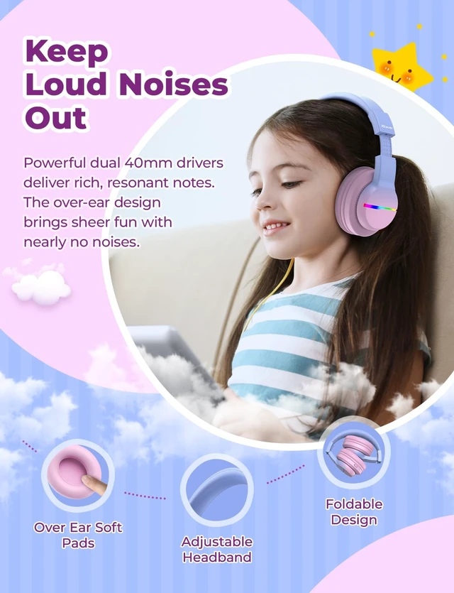 Alt view image 6 of 7 - BTH12 Kids Bluetooth Headphones 85H Playtime with LED Lights Travel SafeSound Tech, Stereo Sound, USB C Charging AUX Cable Over Ear Built-in Mic, Kids Wireless Headphones for Toddler Boys Girls