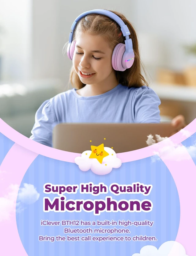 Alt view image 7 of 7 - BTH12 Kids Bluetooth Headphones 85H Playtime with LED Lights Travel SafeSound Tech, Stereo Sound, USB C Charging AUX Cable Over Ear Built-in Mic, Kids Wireless Headphones for Toddler Boys Girls