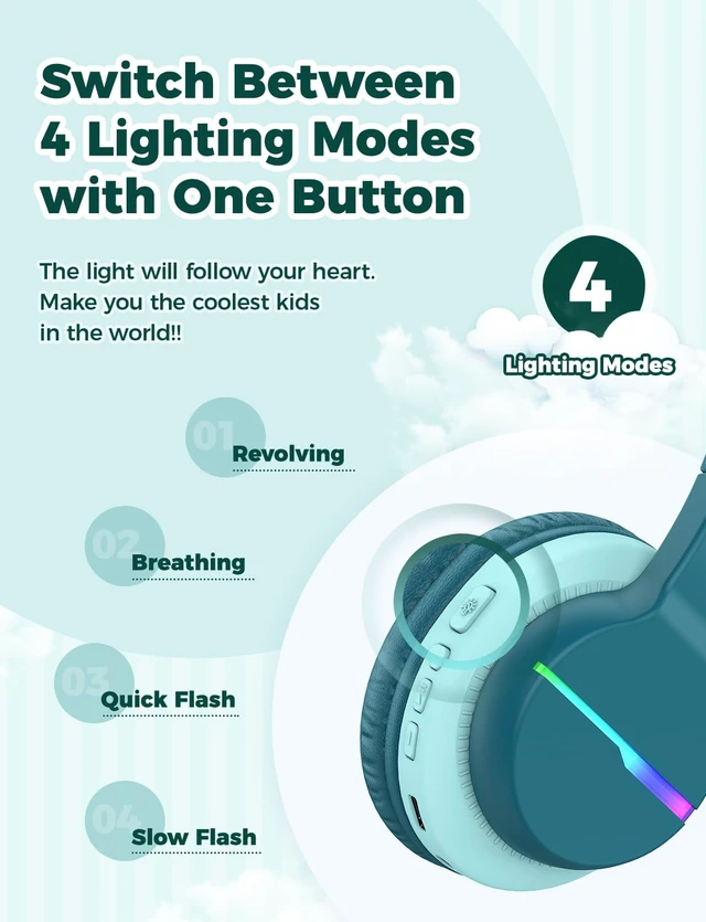 Alt view image 2 of 7 - BTH12 Kids Bluetooth Headphones 85H Playtime with LED Lights Travel SafeSound Tech, Stereo Sound, USB C Charging AUX Cable Over Ear Built-in Mic, Kids Wireless Headphones for Toddler Boys Girls