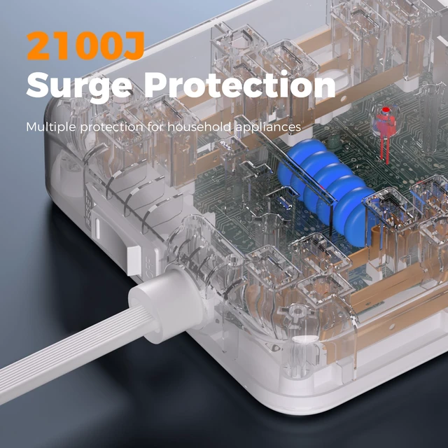 Alt view image 3 of 7 - Surge Protector Power Strip, 5Ft Flat Plug Extension Cord, Grey 6 Outlets and 4 USB Ports (2 USB C), 2100 Joules Surge Protection, Outlet Extender for Home, Office, Dorm Room Essentials