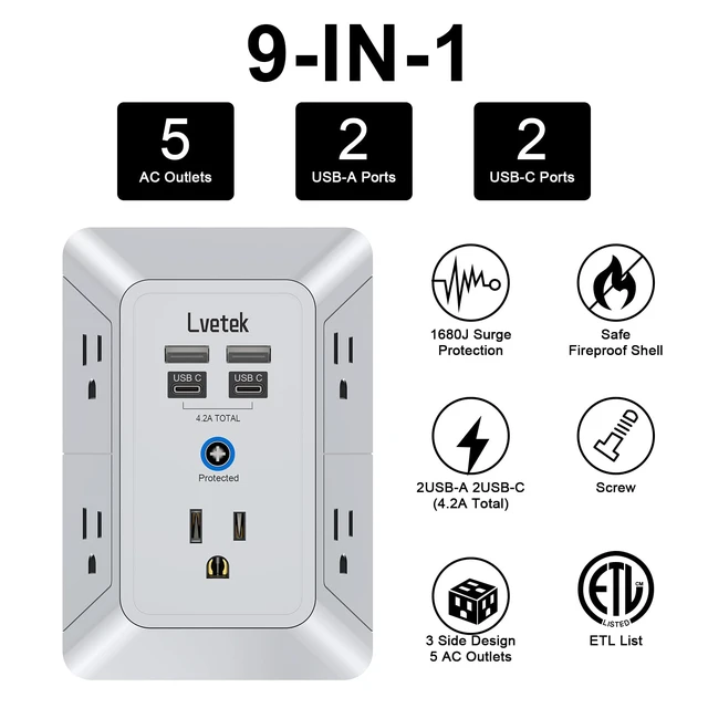 Alt view image 2 of 6 - Multi Plug Outlet Surge Protector, Outlet Extender with 5 Outlet and 4 USB Ports(2 USB C), 3-Sided Multiple-Plug Outlet Splitter Wall Charger for Home Travel Office,ETL Listed,Grey