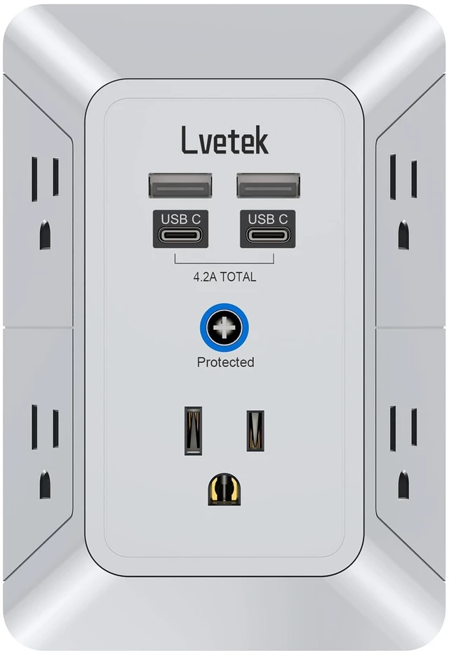 Main image of Multi Plug Outlet Surge Protector, Outlet Extender with 5 Outlet and 4 USB Ports(2 USB C), 3-Sided Multiple-Plug Outlet Splitter Wall Charger for Home Travel Office,ETL Listed,Grey