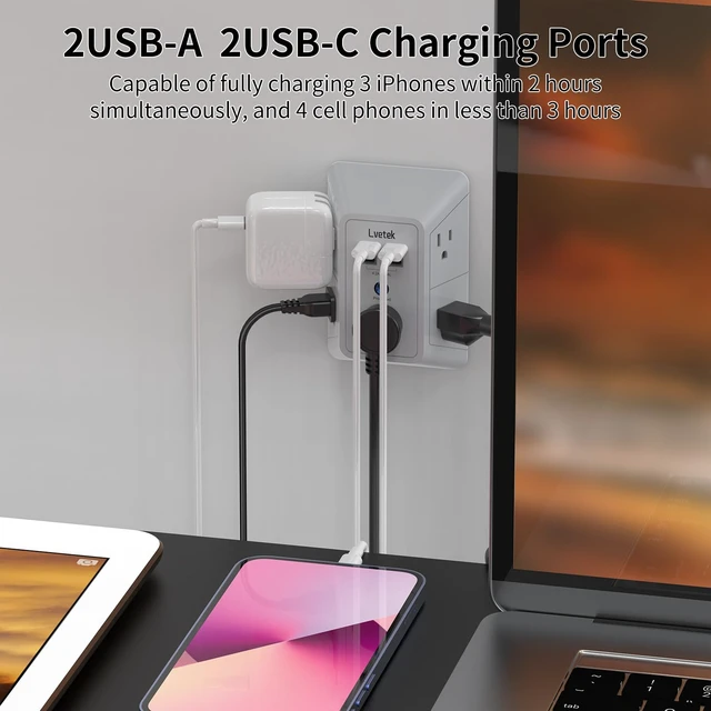 Alt view image 3 of 6 - Multi Plug Outlet Surge Protector, Outlet Extender with 5 Outlet and 4 USB Ports(2 USB C), 3-Sided Multiple-Plug Outlet Splitter Wall Charger for Home Travel Office,ETL Listed,Grey