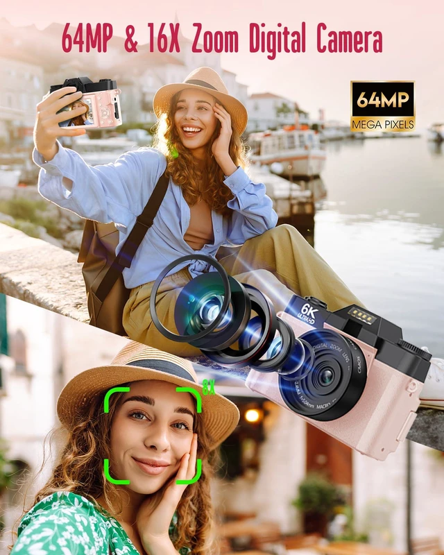 Alt view image 3 of 7 - 6K WiFi Flip Screen Digital Camera, Mic & Fill Light for Photography Compact Vlogging Camera for YouTube & Beginners, 16X Zoom Dual Lens with 64GB Card, Perfect for Content Creators,Pink