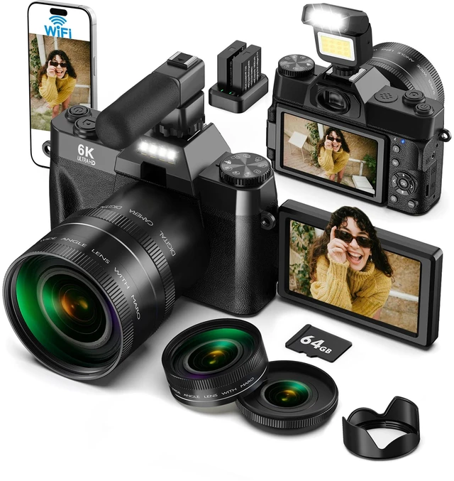 Main image of 6K WiFi Flip Screen Digital Camera, Mic & Fill Light for Photography Compact Vlogging Camera for YouTube & Beginners, 16X Zoom Dual Lens with 64GB Card, Perfect for Content Creators,Black