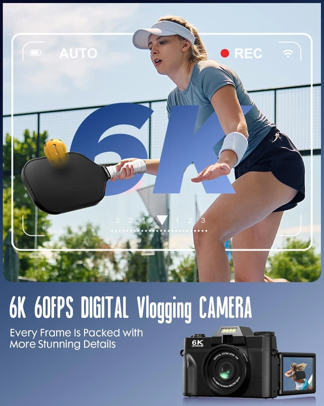 Alt view image 2 of 7 - 6K WiFi Flip Screen Digital Camera, Mic & Fill Light for Photography Compact Vlogging Camera for YouTube & Beginners, 16X Zoom Dual Lens with 64GB Card, Perfect for Content Creators,Black